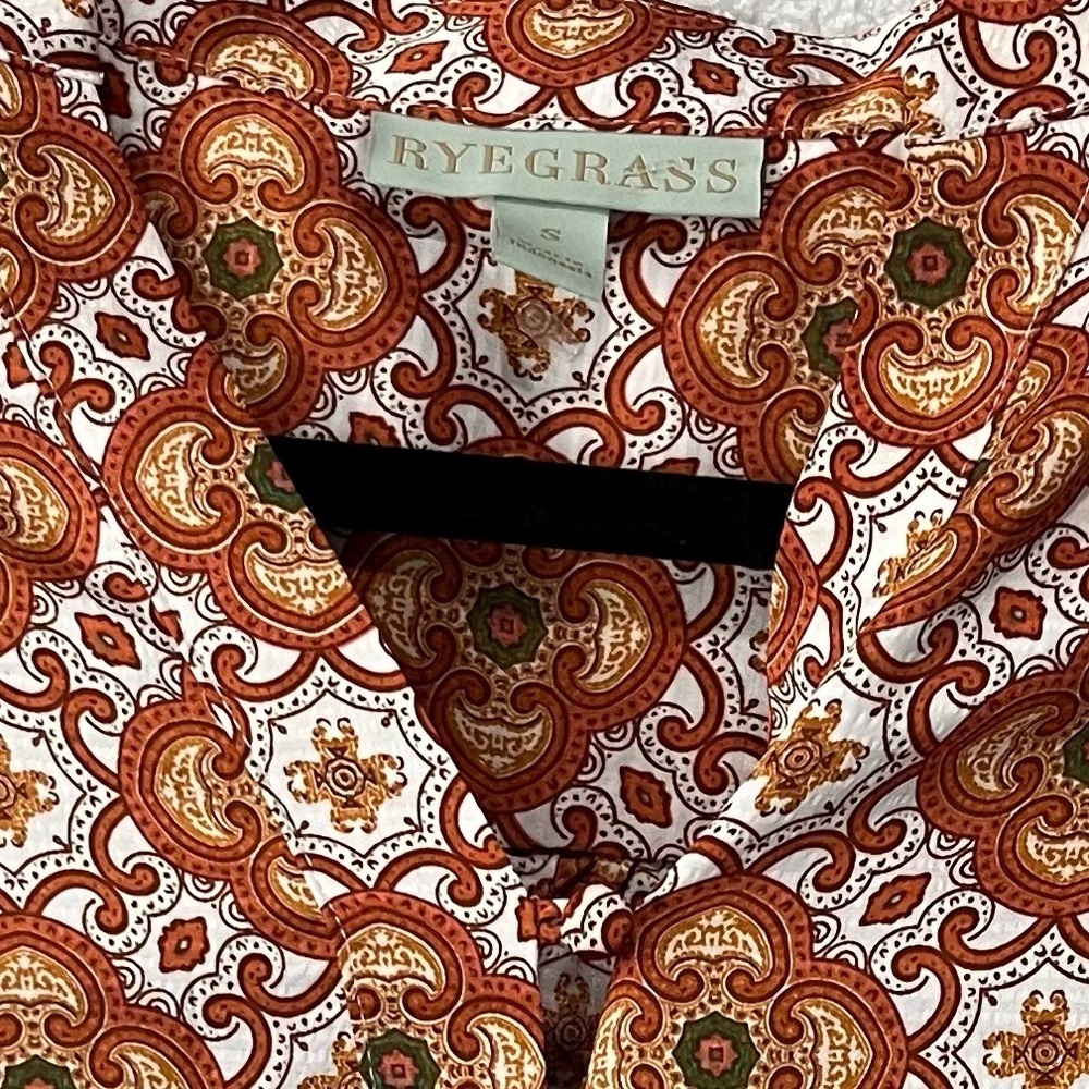 RYEGRASS - Long Sleeve Burnt Orange White Pattern Silky Blouse Size S - Picture 6 of 6